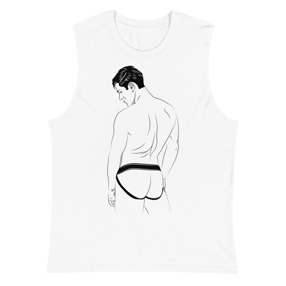 White sleeveless muscle tank featuring a black line drawing of a man in a jockstrap