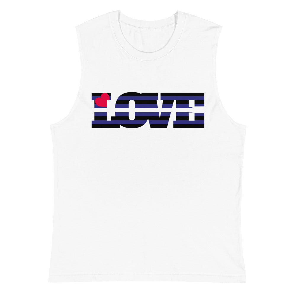 White sleeveless muscle tank with a striped leather flag and red heart graphic