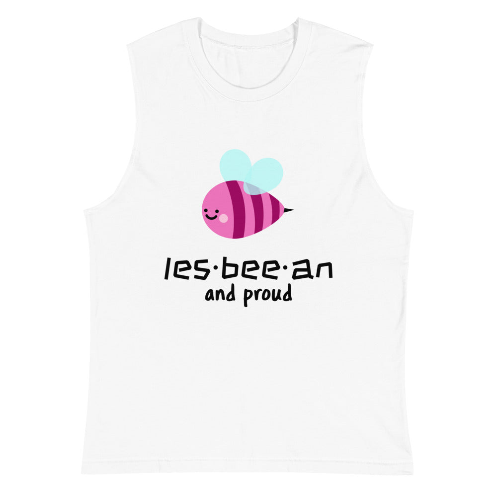 White sleeveless muscle top with a pink-and-blue bee and “les-bee-an and proud” text