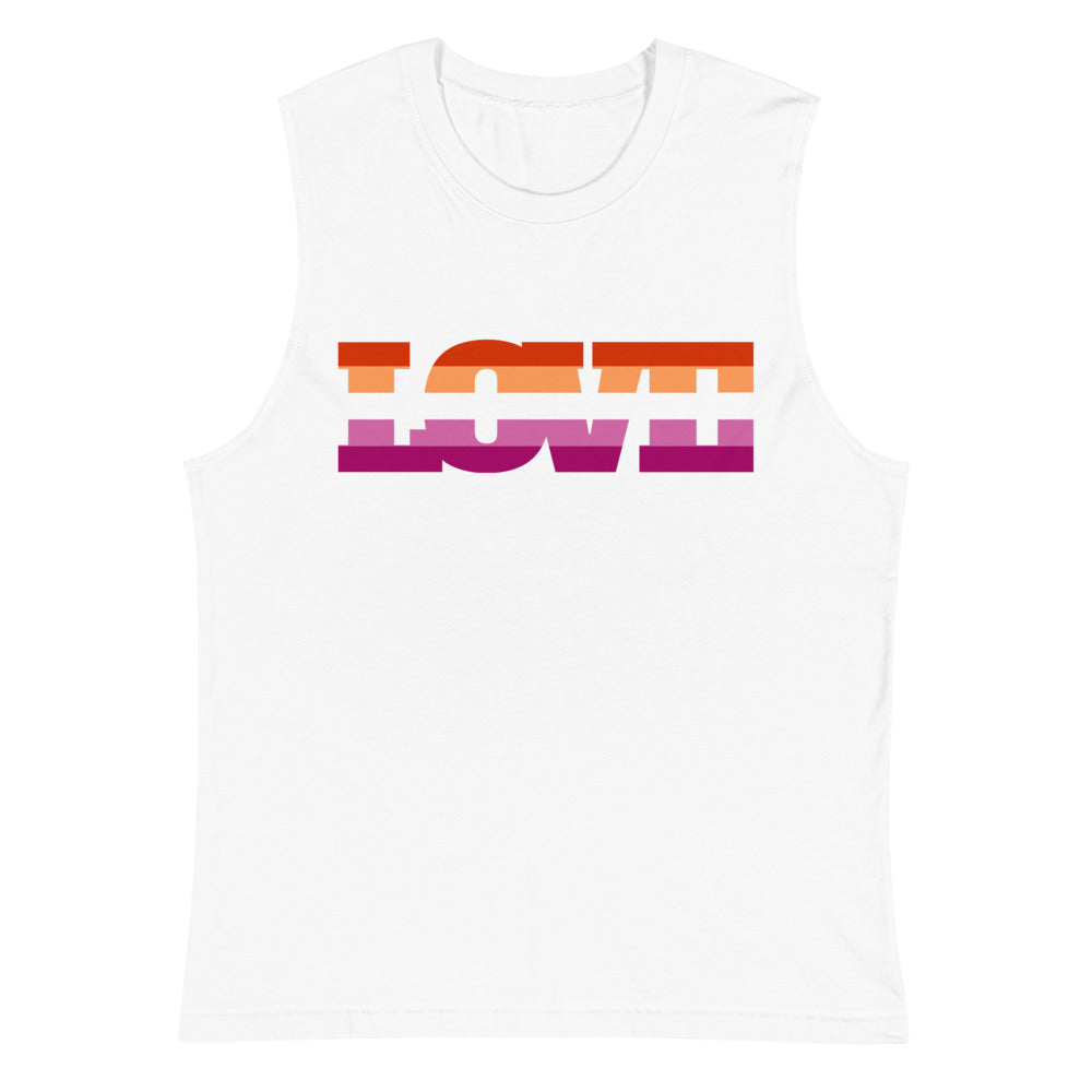 Front view of a white muscle tank with a colorful block-letter “LOVE” graphic