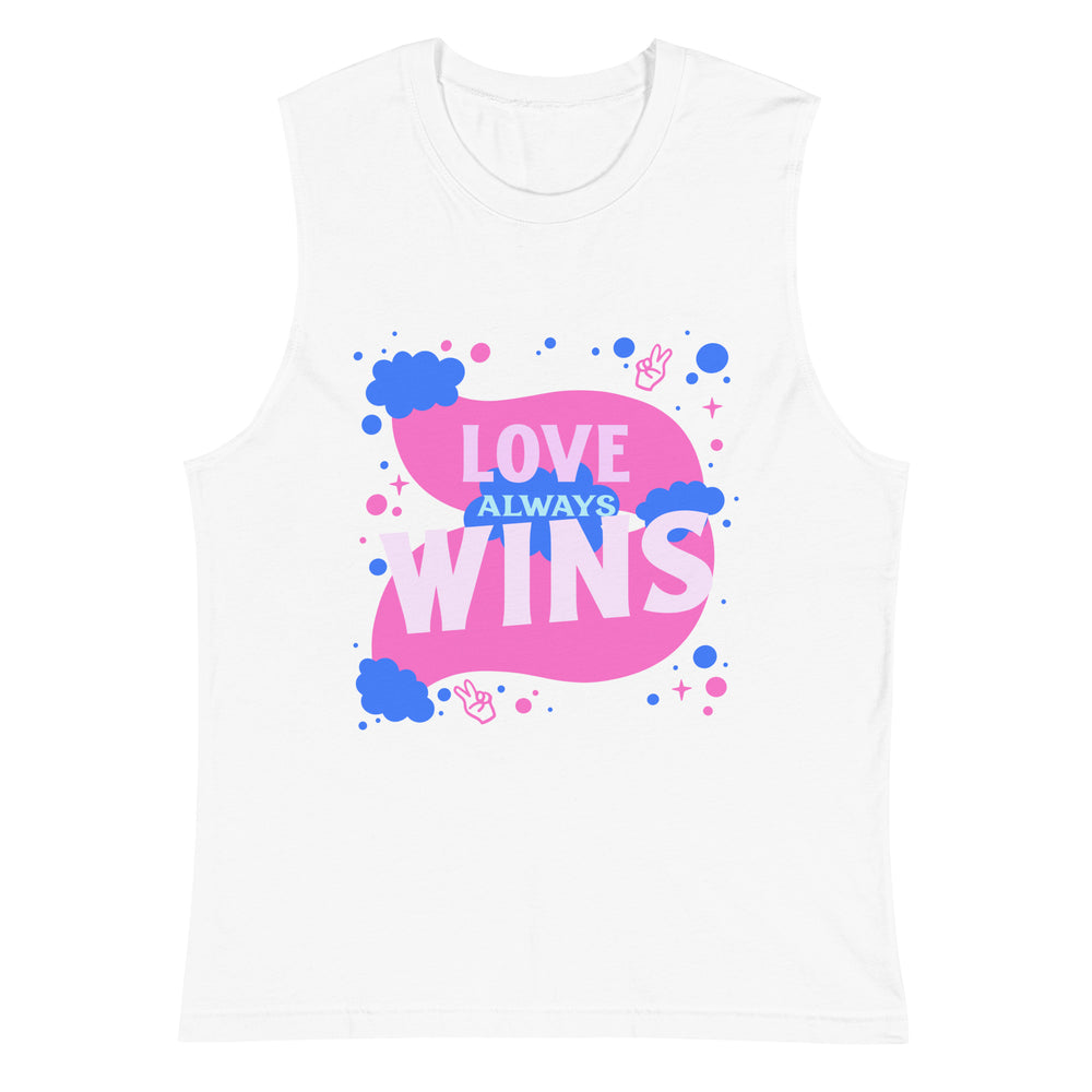 Front view of a white muscle tank top reading “LOVE ALWAYS WINS” in pink and blue