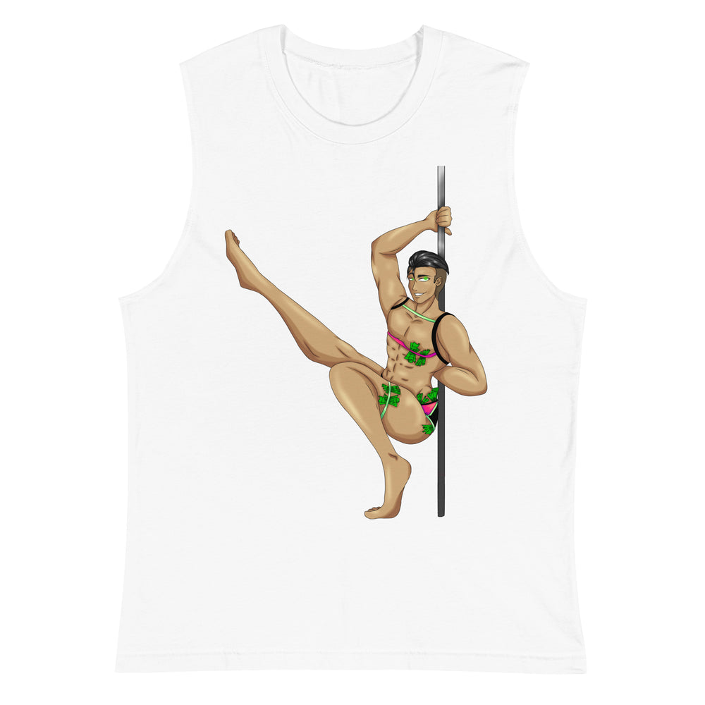 White muscle tank top with a colorful illustration of a man pole dancing in revealing underwear