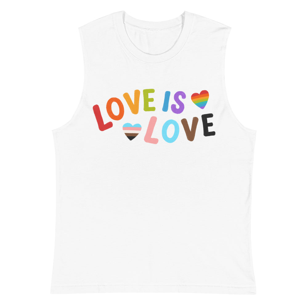 White sleeveless muscle top with colorful “LOVE IS LOVE” lettering and two heart flags