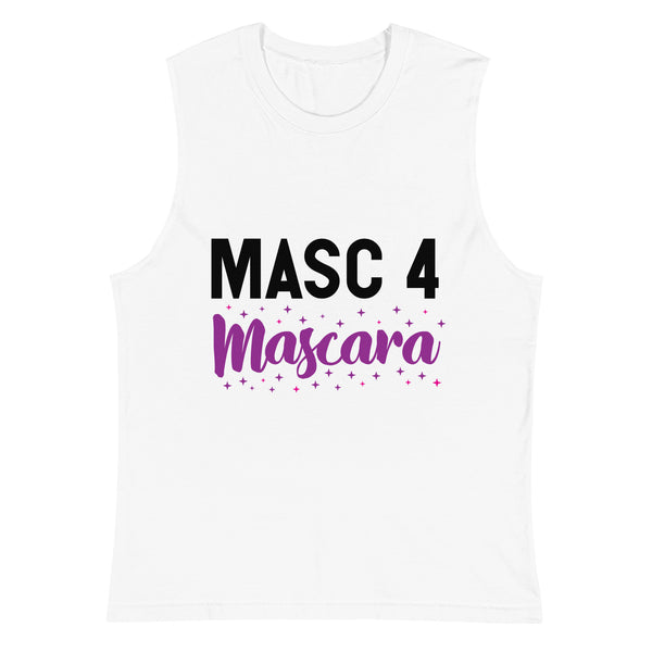 Masc 4 Mascara Muscle Top: white unisex tank, “MASC 4” bold black, “Mascara” purple script with star accents, beach sunset backdrop.
