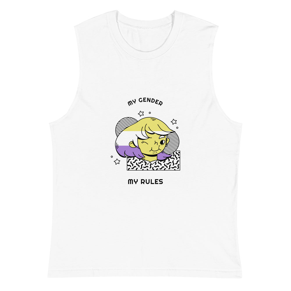 White muscle tank top with “MY GENDER” and “MY RULES” around a colorful cartoon portrait