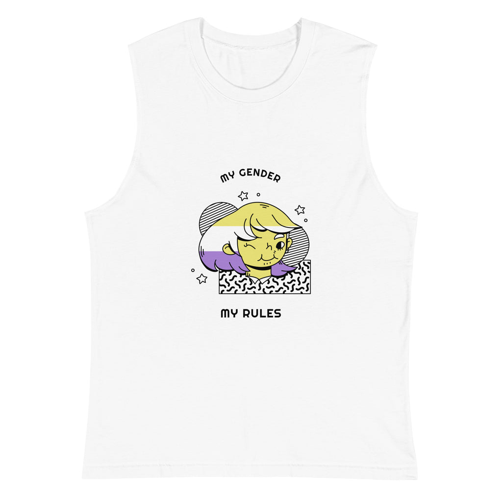 White My Gender My Rules Muscle Shirt by Printful sold by Queer In The World: The Shop - LGBT Merch Fashion