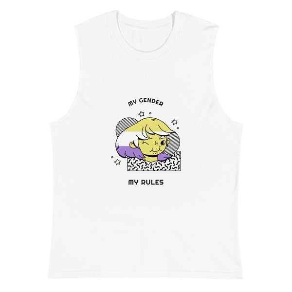 White My Gender My Rules Muscle Top by Queer In The World Originals sold by Queer In The World: The Shop - LGBT Merch Fashion