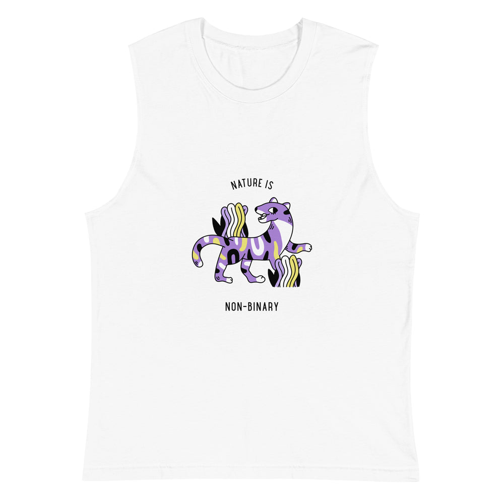 Front-facing white muscle tank with a colorful striped dragon and “NATURE IS NON-BINARY” text