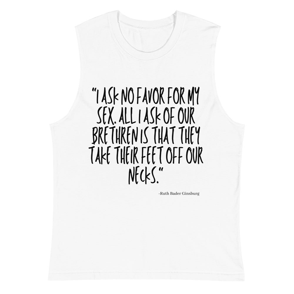 Front view of a white sleeveless top with black text quoting Ruth Bader Ginsburg