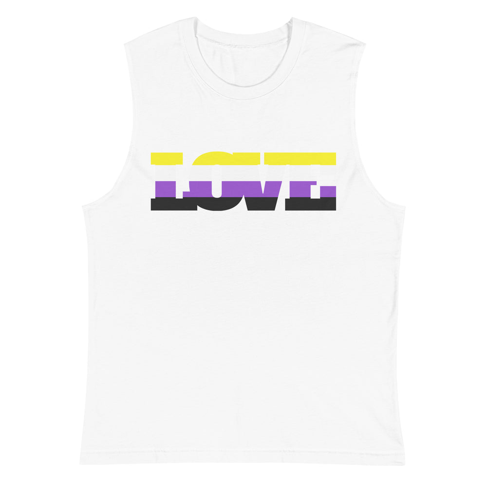 Front view of a white muscle tank top with multicolored block lettering reading “LOVE.”