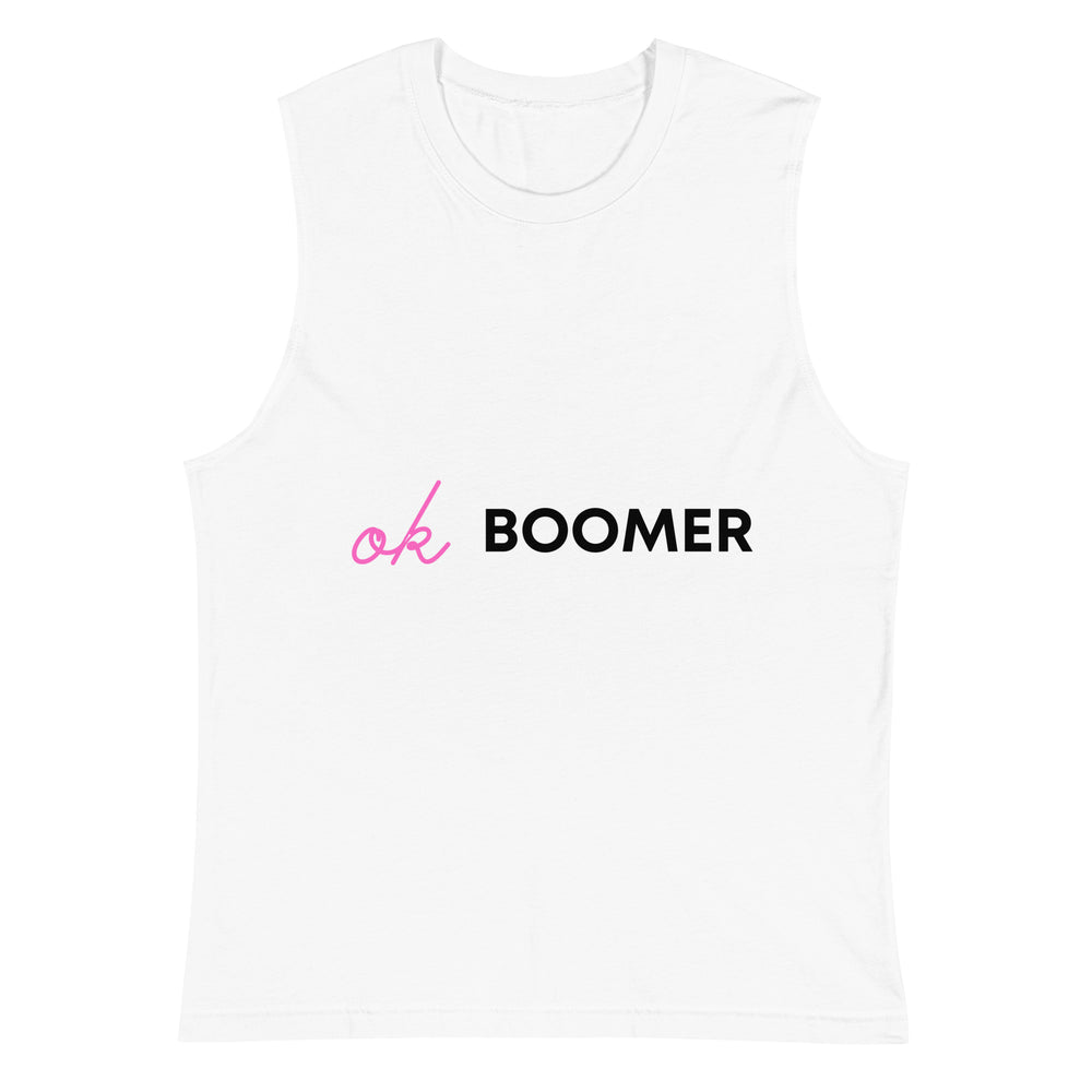 Front-facing white muscle tank top with pink script “ok” and black “BOOMER” text