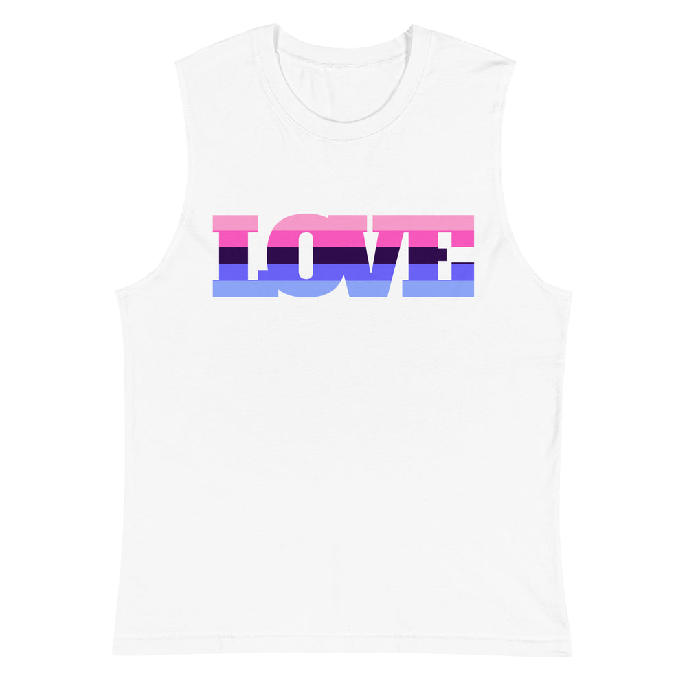 Front view of a white muscle tank top with a pink, purple, and blue striped “LOVE” graphic