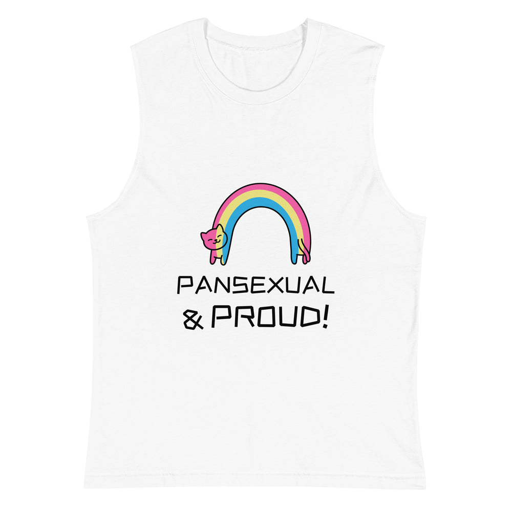 White muscle tank top with a cartoon cat rainbow and “PANSEXUAL & PROUD!” text