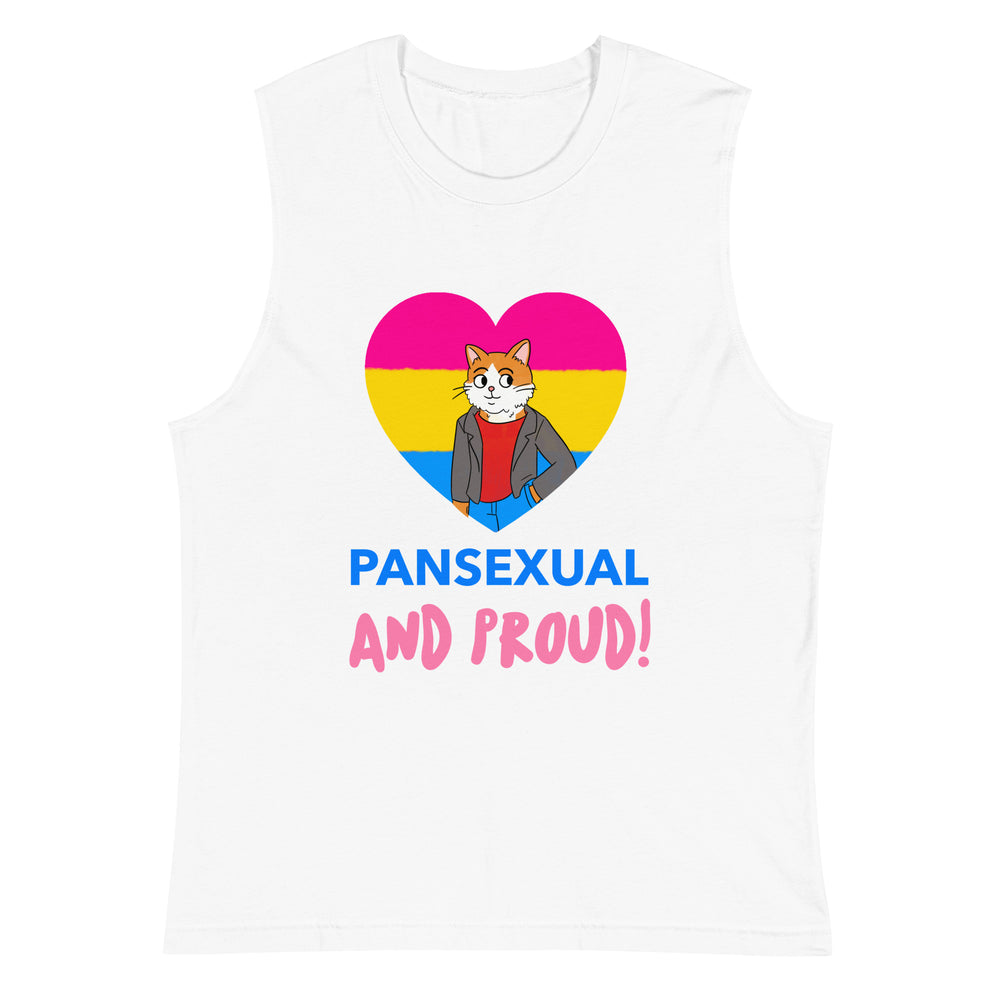 Front view of a white muscle tank top reading “PANSEXUAL AND PROUD!”