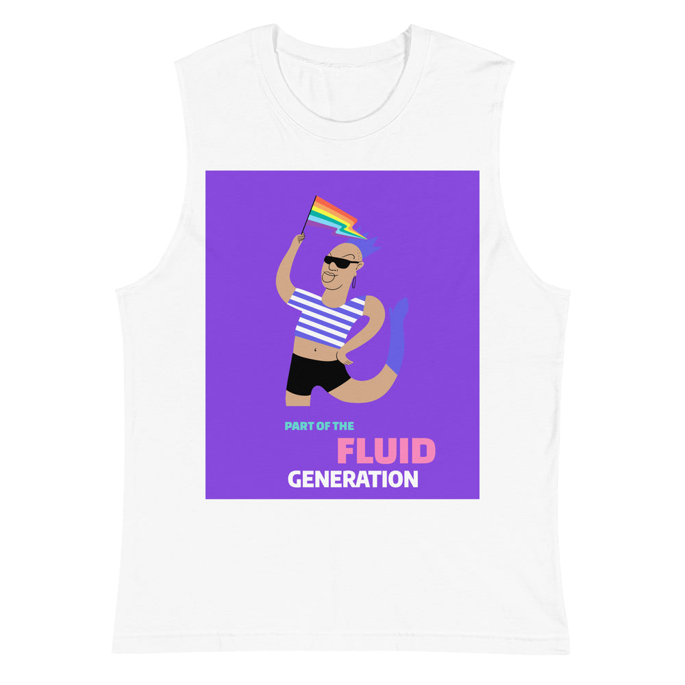 White muscle tank top with a purple illustration of a merperson holding a rainbow flag and “FLUID GENERATION” text