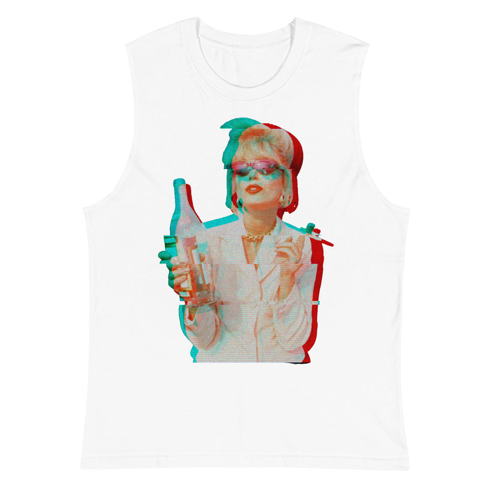 White muscle tank top with a colorful retro portrait of Patsy Stone holding a drink