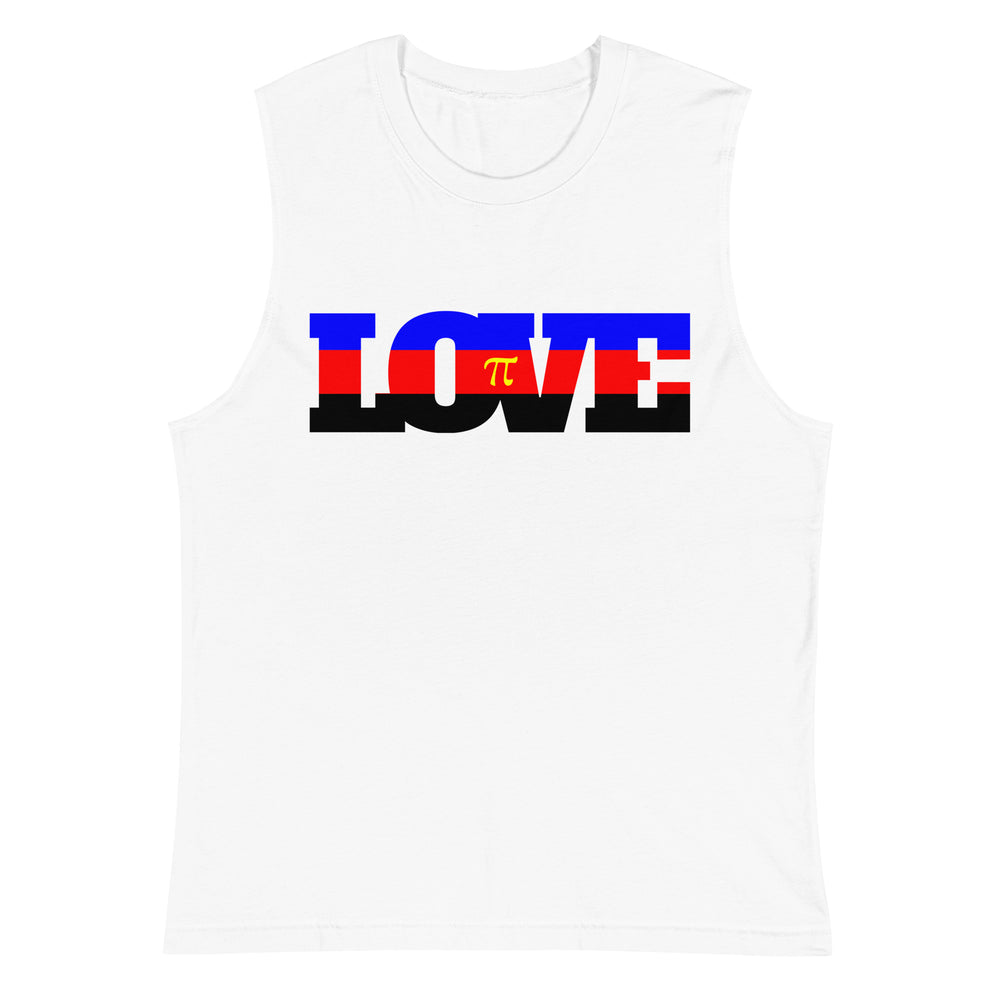 Front view of a white muscle tank top with bold LOVE lettering in blue, red, and black