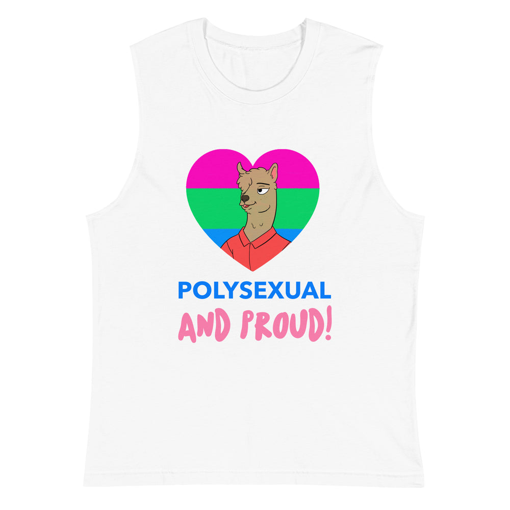 White muscle tank top reading “POLYSEXUAL AND PROUD!” with a cartoon llama in a pride-colored heart