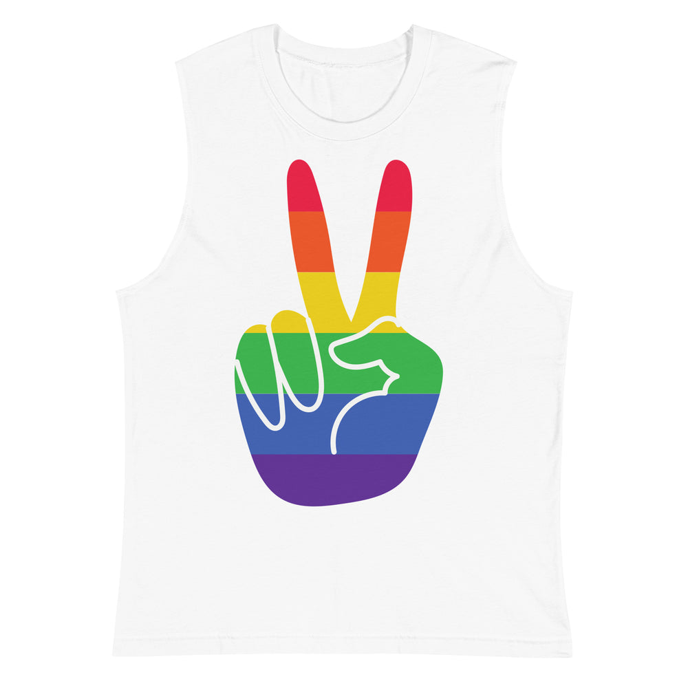 White sleeveless muscle tank with a colorful rainbow hand graphic on the front