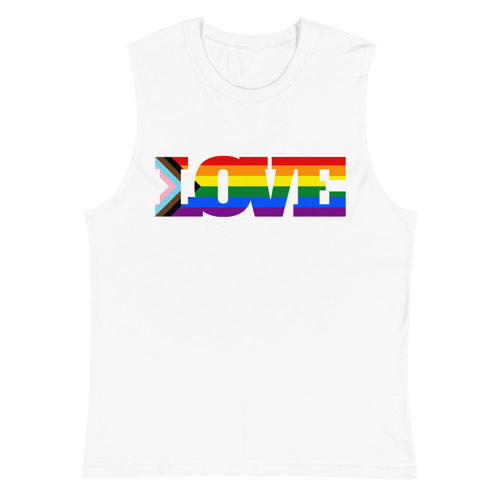 gays en calzones: White relaxed-fit muscle tee with bold rainbow “LOVE” text, Progress LGBT pride style; person, hoop