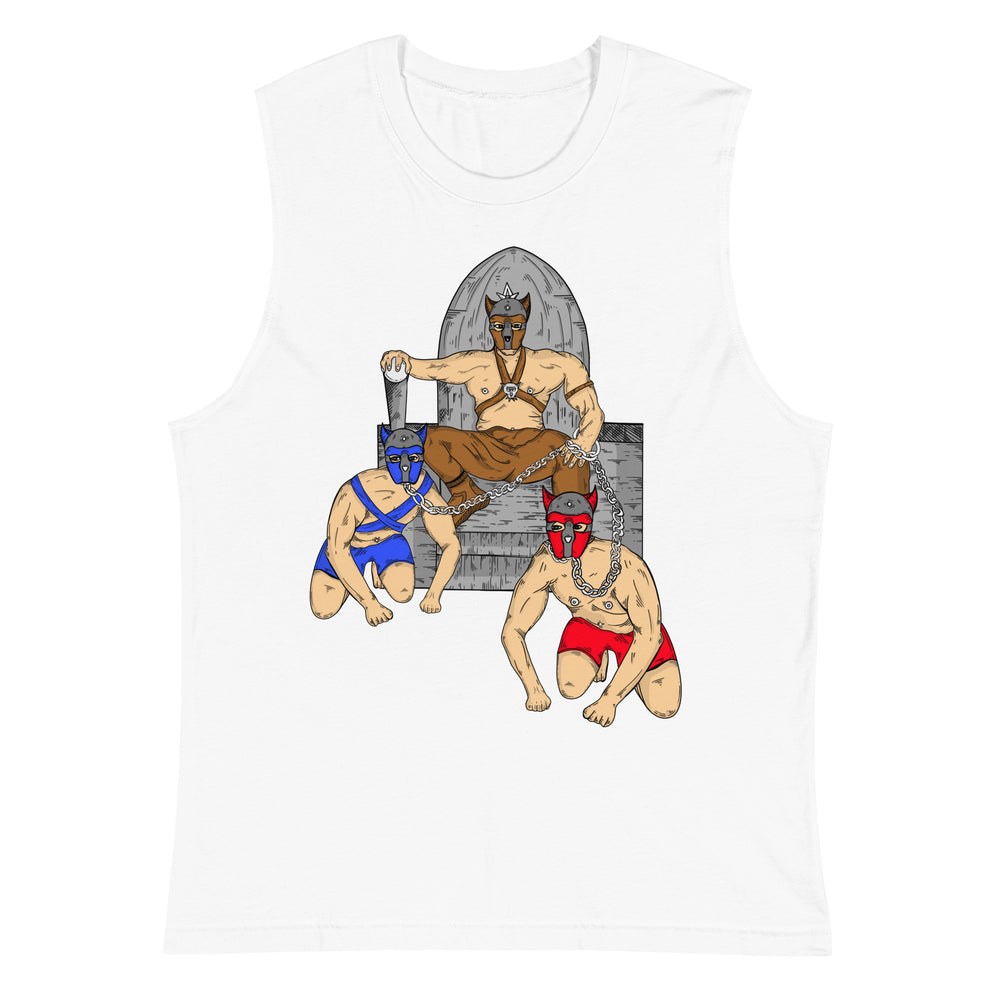 Front view of a white muscle tank with a three-person pup-play illustration in masks and harnesses