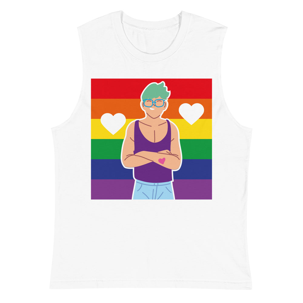 Front view of a white muscle tank with a rainbow flag, hearts, and illustrated person
