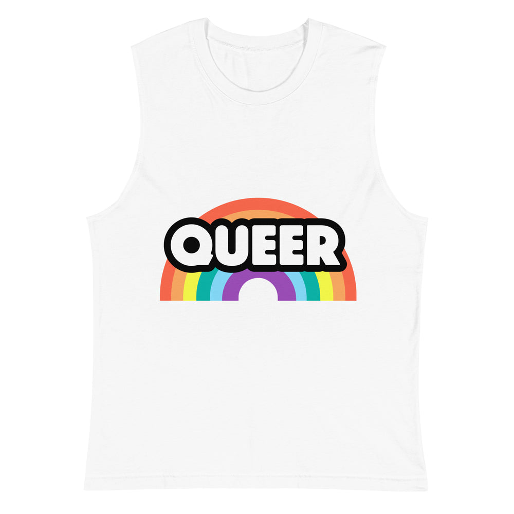 White sleeveless muscle top with bold “QUEER” text over a rainbow graphic