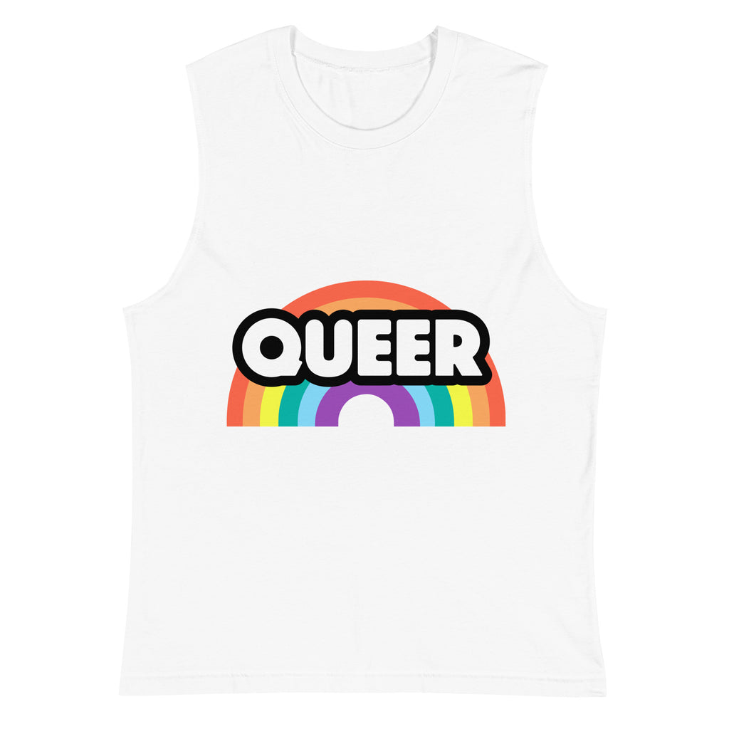 White Queer Rainbow Muscle Shirt by Printful sold by Queer In The World: The Shop - LGBT Merch Fashion