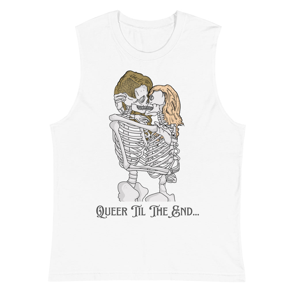 White Queer Til The End Muscle Shirt by Printful sold by Queer In The World: The Shop - LGBT Merch Fashion