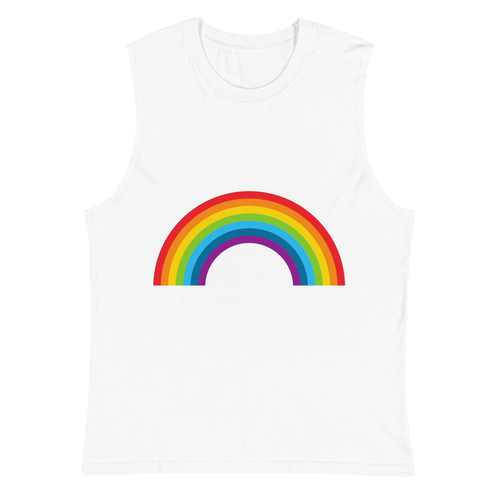 Front view of a white sleeveless muscle top with a rainbow arch graphic