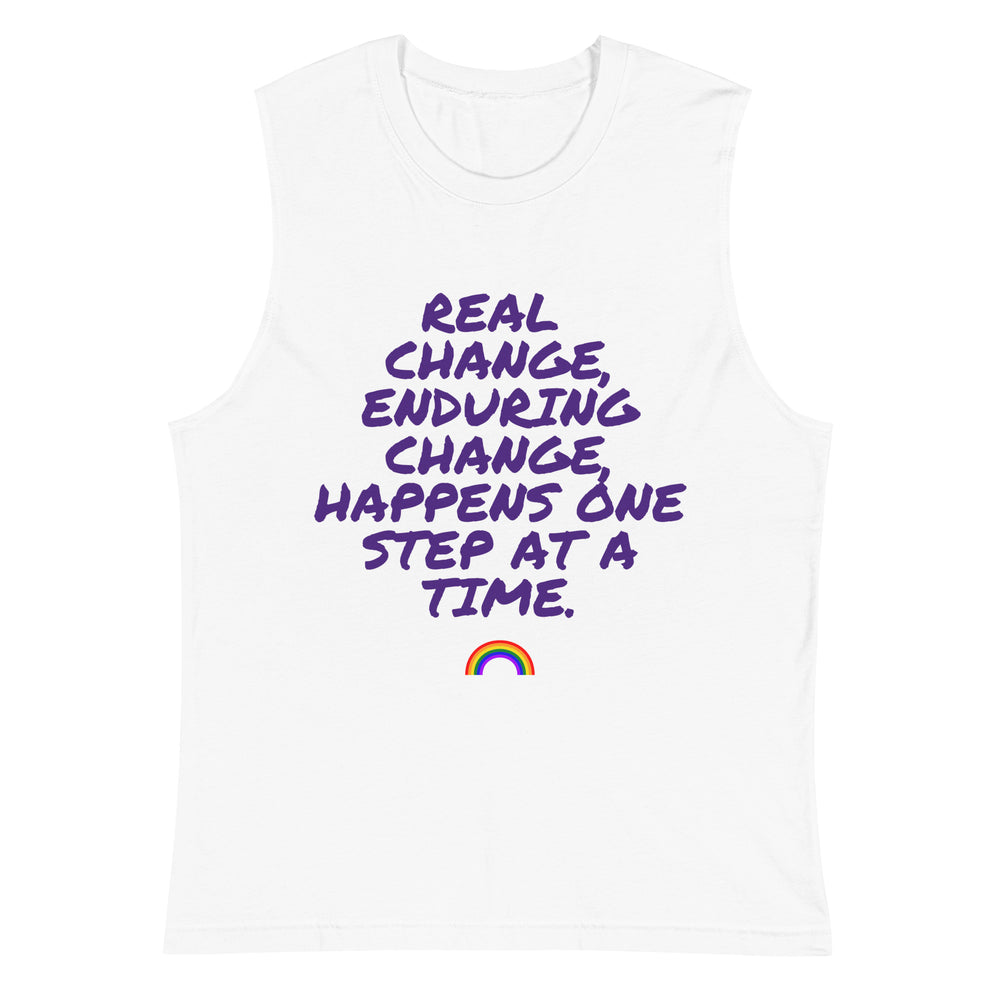 White sleeveless muscle top with purple text and a small rainbow graphic