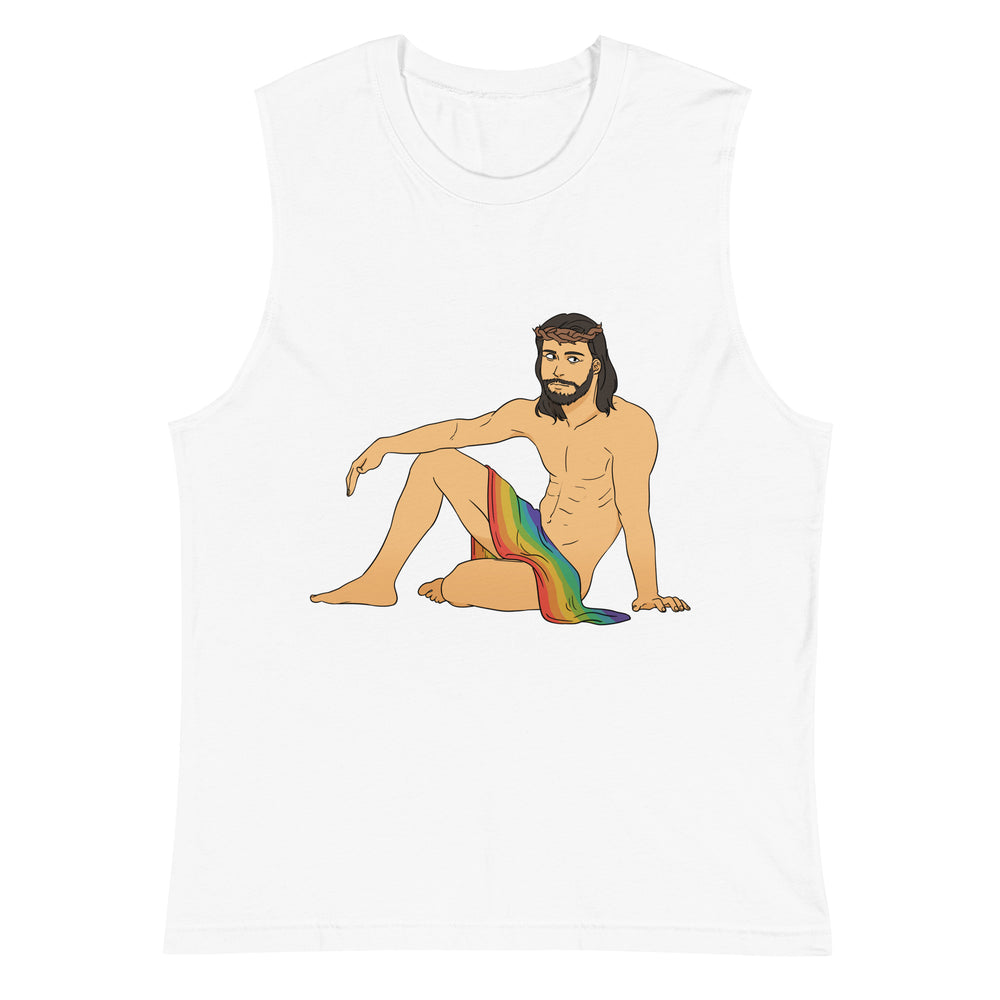 White sleeveless tank top with a seated shirtless Jesus illustration in rainbow drapery