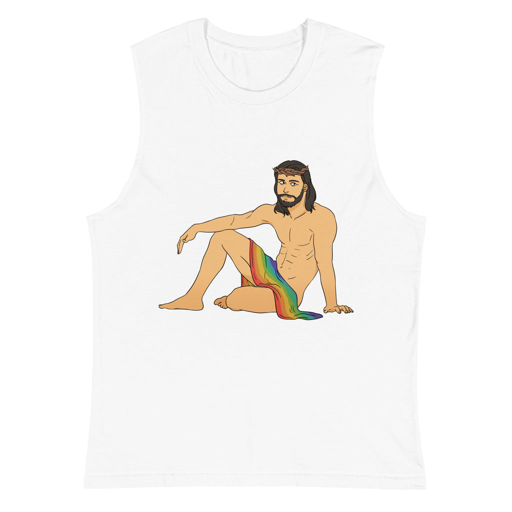 White Sexy Gay Jesus  Muscle Shirt by Printful sold by Queer In The World: The Shop - LGBT Merch Fashion