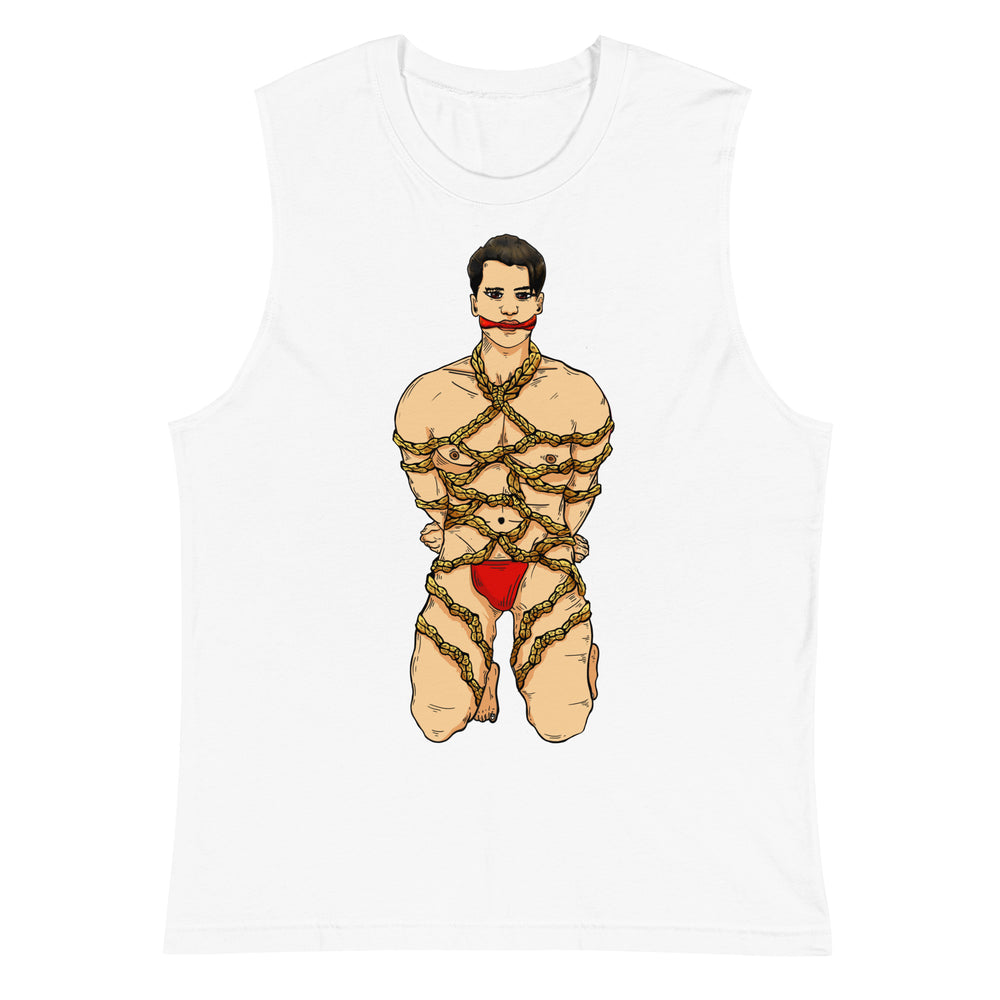 White muscle tank top with a graphic of a bound man in red underwear