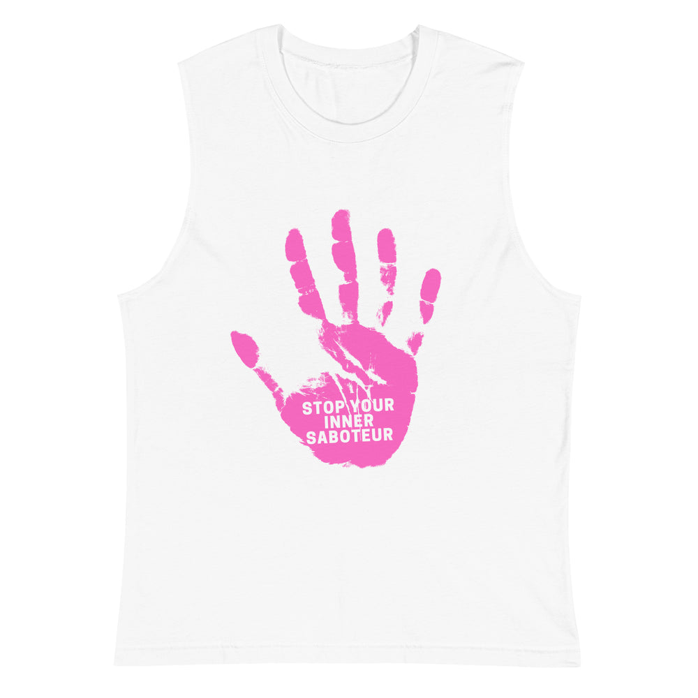 Front view of a white muscle tank with a pink handprint and “STOP YOUR INNER SABOTEUR” text