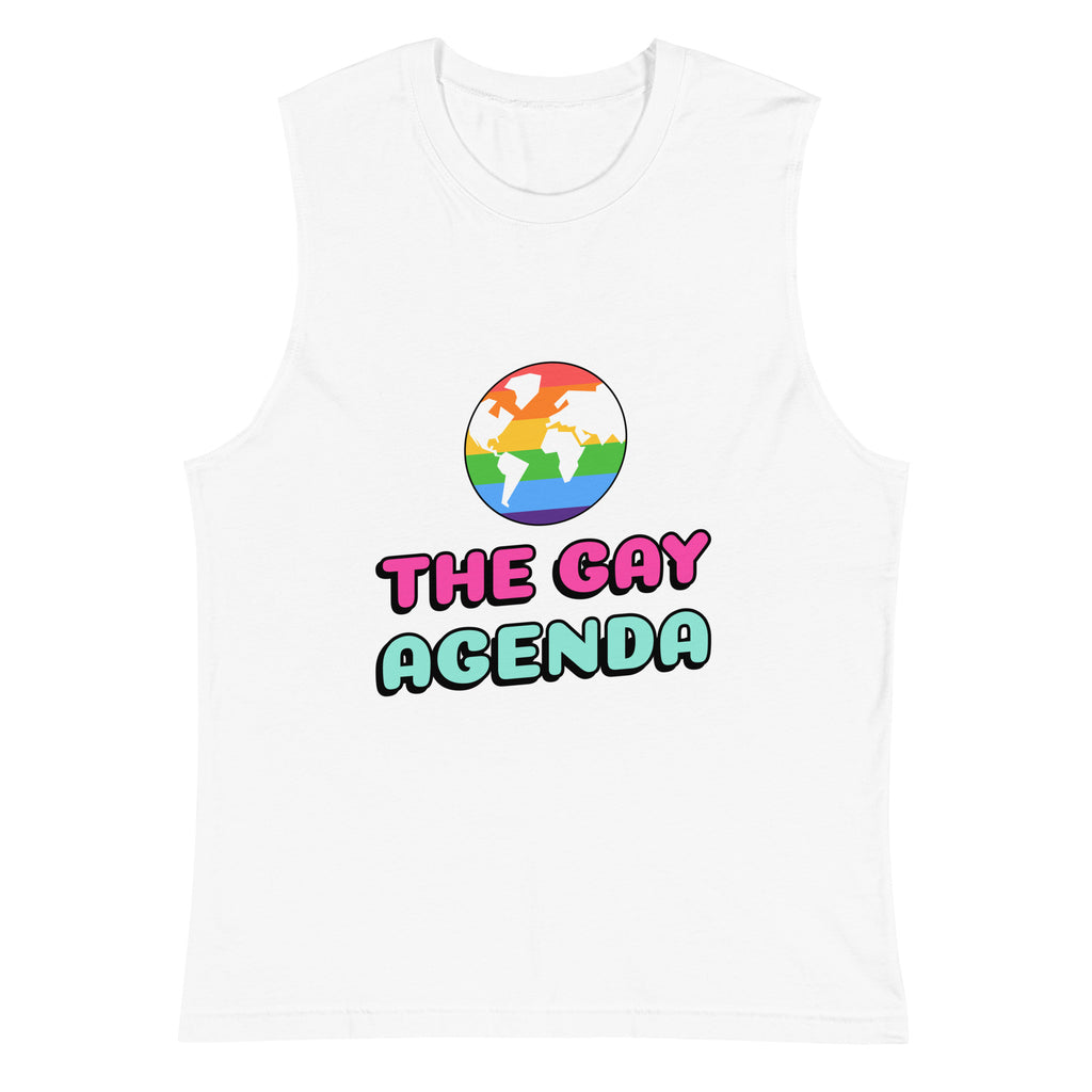 White The Gay Agenda Muscle Shirt by Printful sold by Queer In The World: The Shop - LGBT Merch Fashion