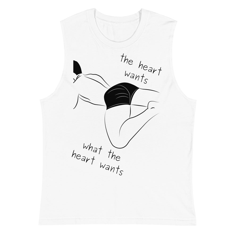 White muscle tank top with black reclining figure and “the heart wants what the heart wants” text