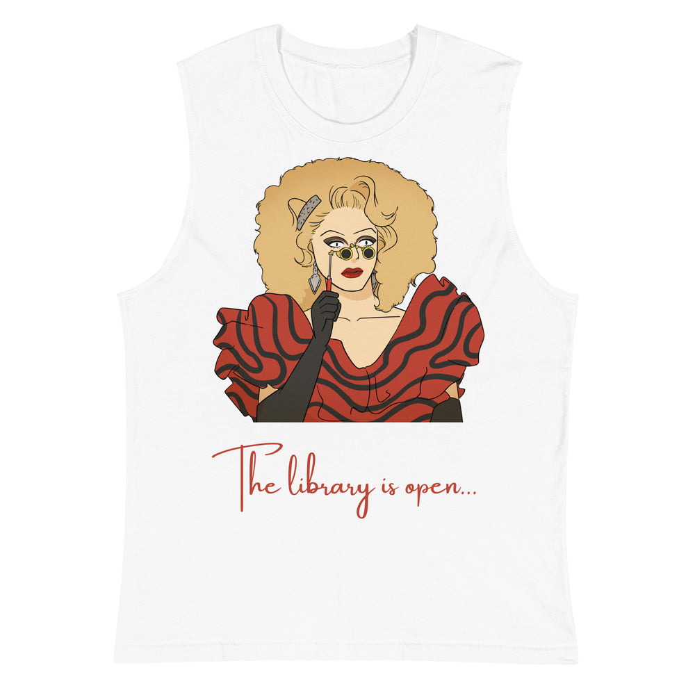 Front view of a white muscle tank with a drag performer illustration and “The library is open...” text