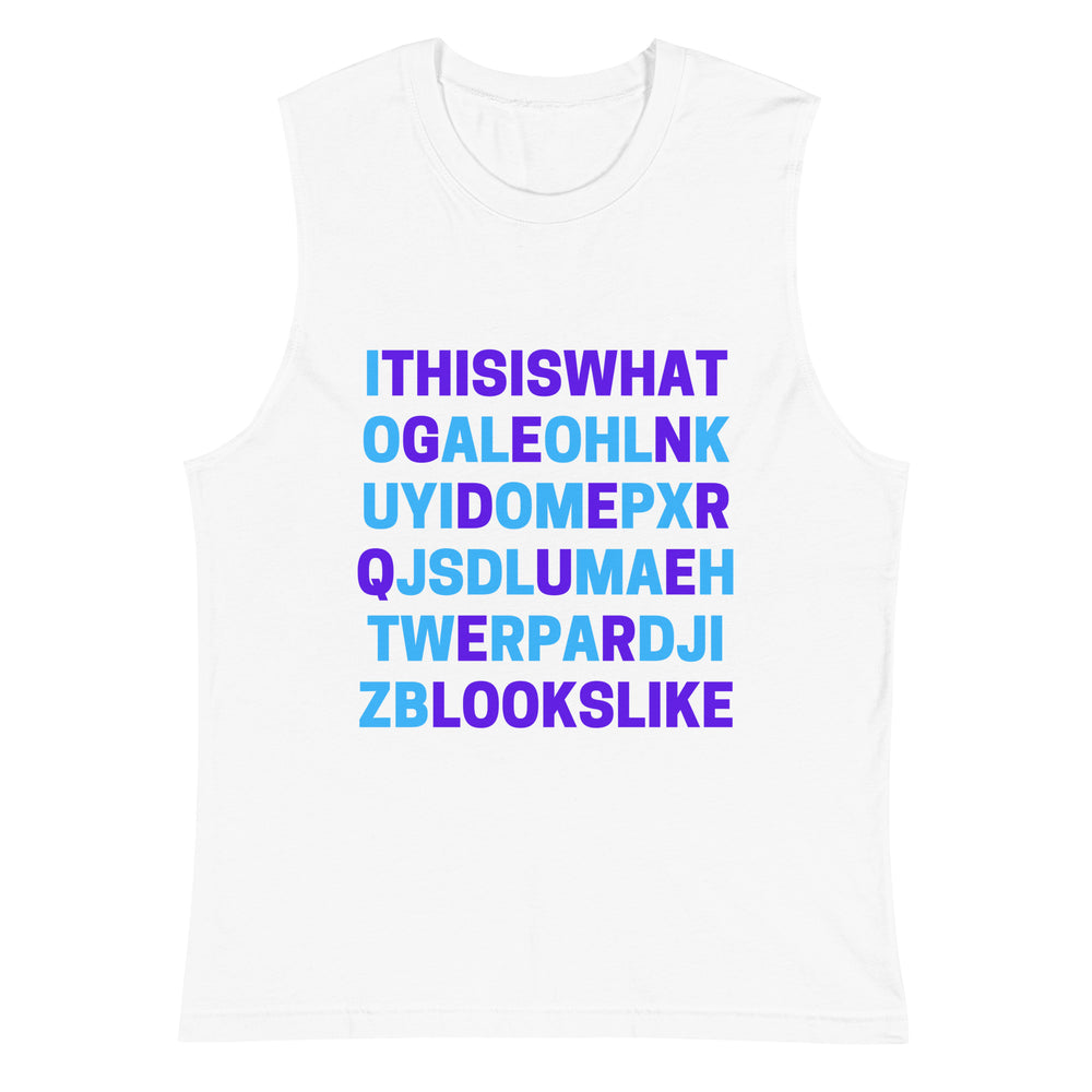White muscle tank top with blue and purple text, “THIS IS WHAT GENDERQUEER LOOKS LIKE”