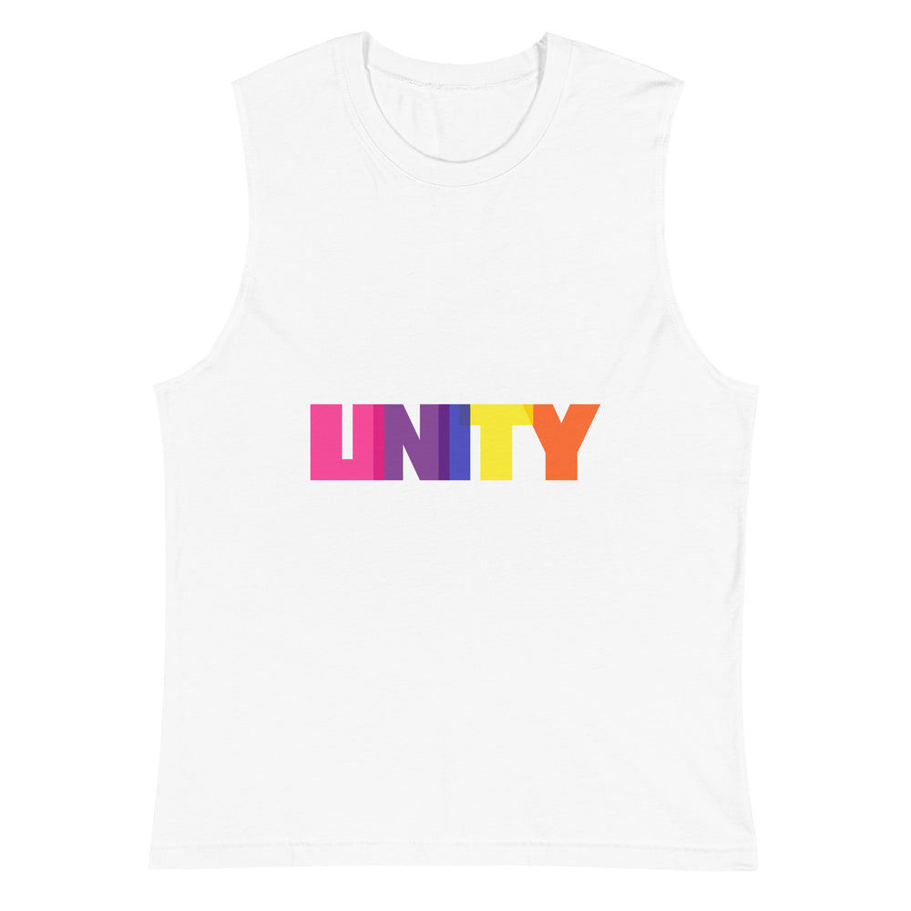 Front view of a white muscle tank top with colorful block letters reading “UNITY”