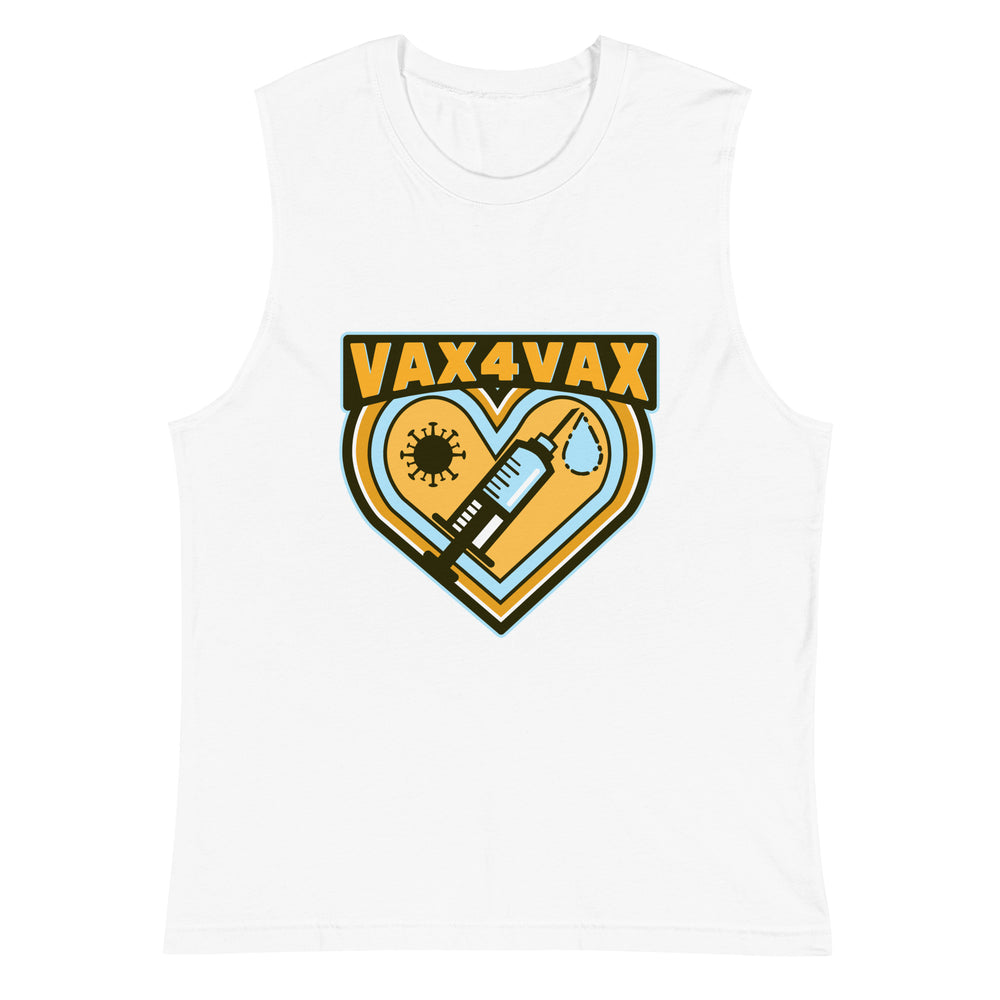 Flat-lay white muscle tank top with “VAX 4 VAX” over a heart, syringe, virus, and droplet