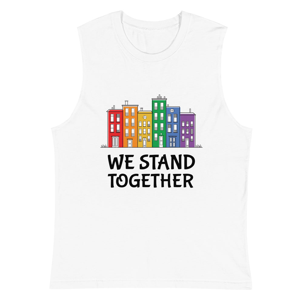 White muscle tank top with colorful row houses and “WE STAND TOGETHER” text