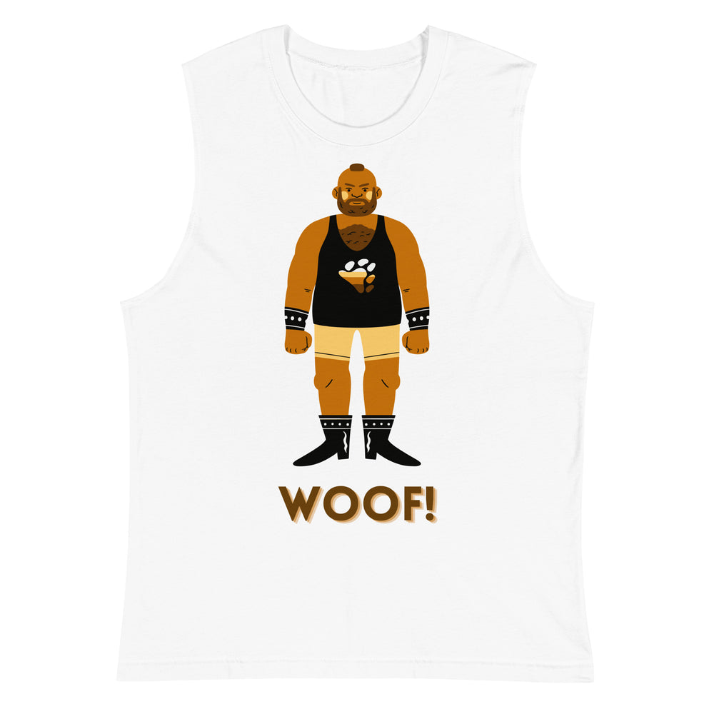 White muscle tank top with a cartoon bear in leather gear and “WOOF!” text