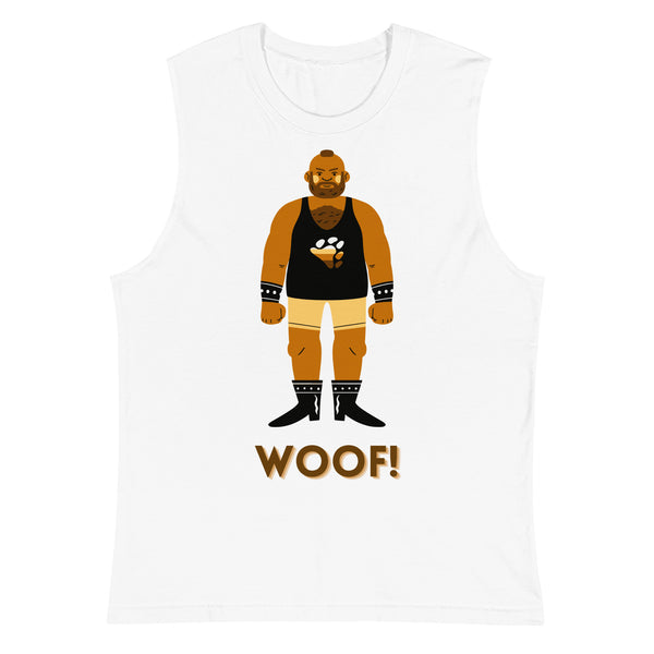 White muscle tank top with a cartoon bear in leather gear and “WOOF!” text