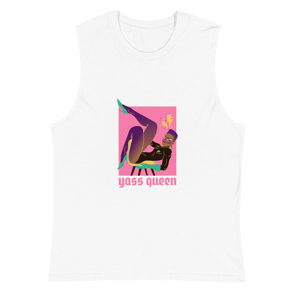 White muscle tank top with a colorful reclining figure and “Yass Queen” text