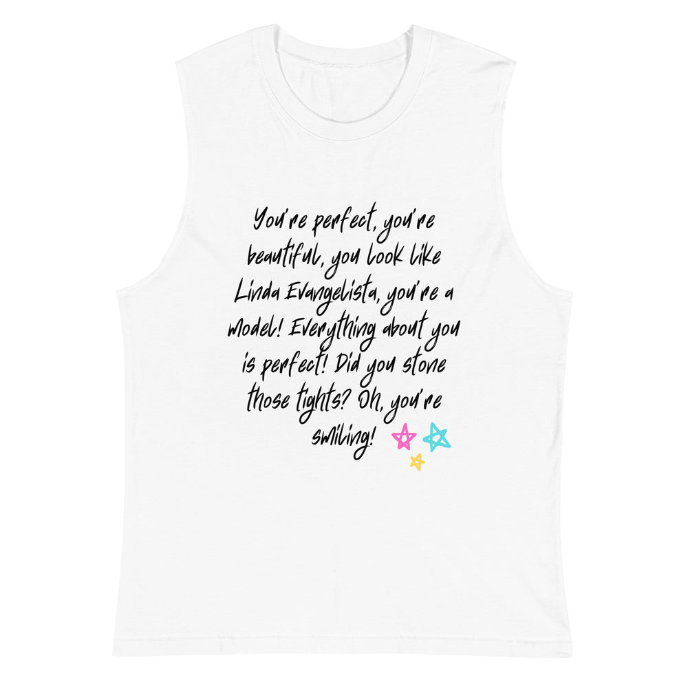 White sleeveless muscle top with black Linda Evangelista quote and three colorful stars