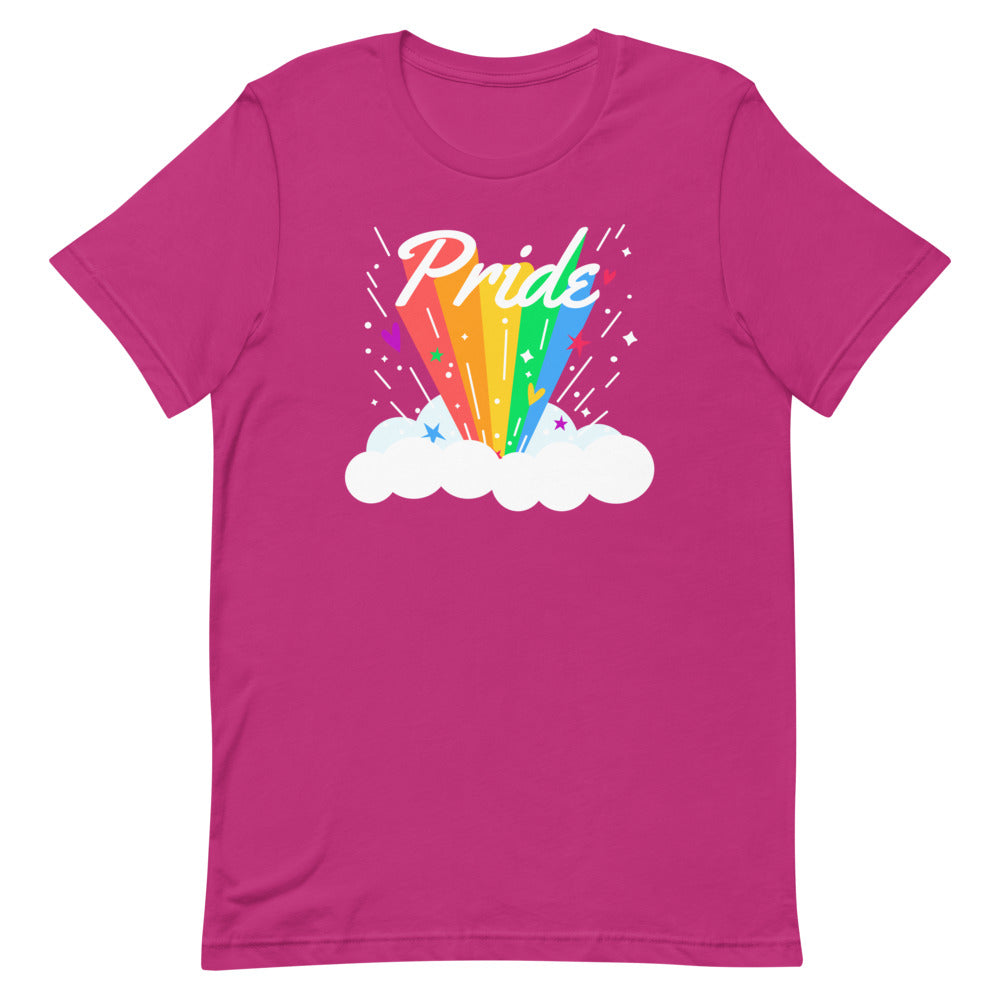 gays en short: Bright pink Pride Rainbow T-Shirt with rainbow and clouds