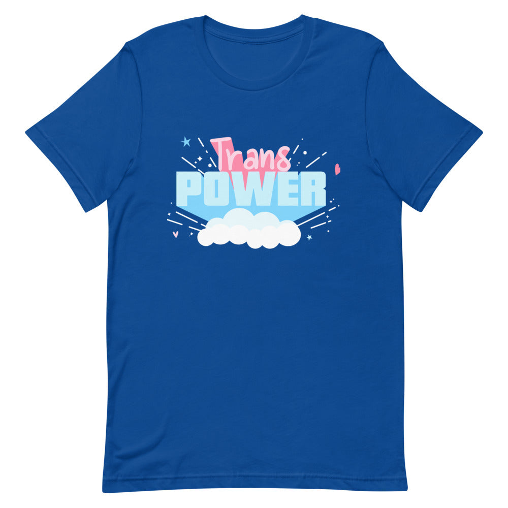Blue unisex T-shirt with colorful “Trans POWER” cloud and star graphic