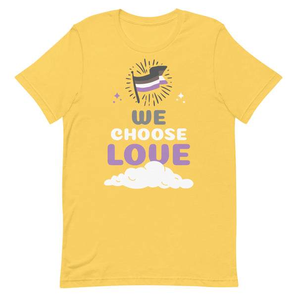 Yellow asexual pride T-shirt reading “WE CHOOSE LOVE” with an asexual flag graphic