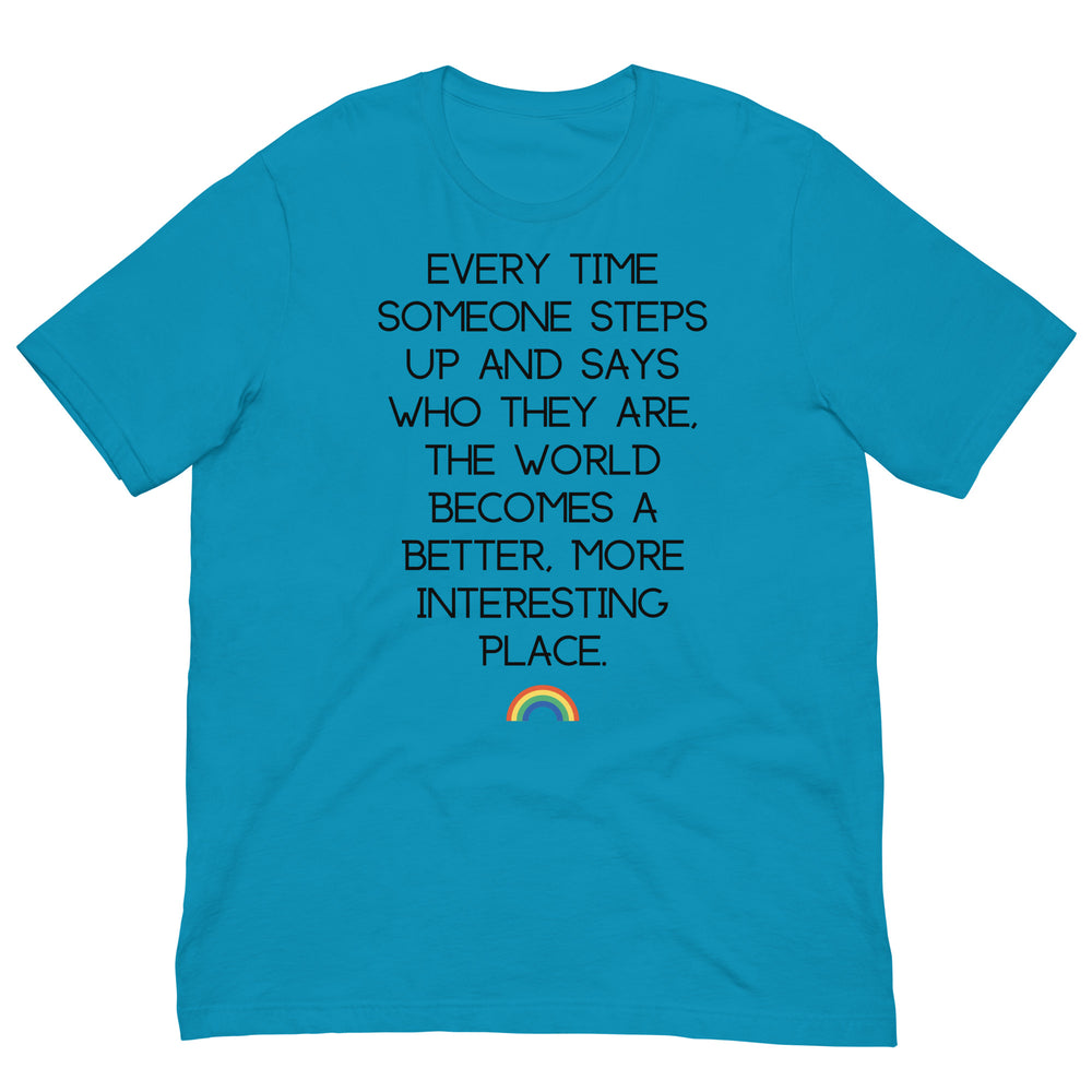 Front view of an aqua T-shirt with black text and a small rainbow graphic